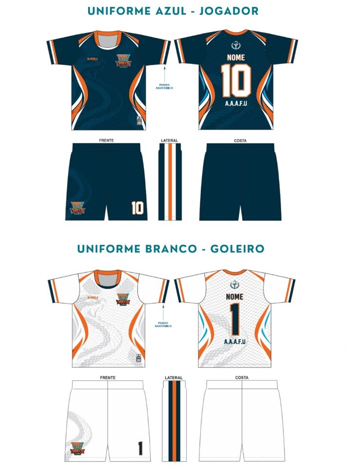 Conjunto de uniforme Overdose: azul (jogador) e branco (goleiro)